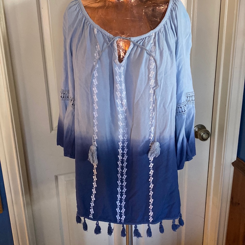 Cotton blouse or cover-up, light blue trending to darker blue, size XL